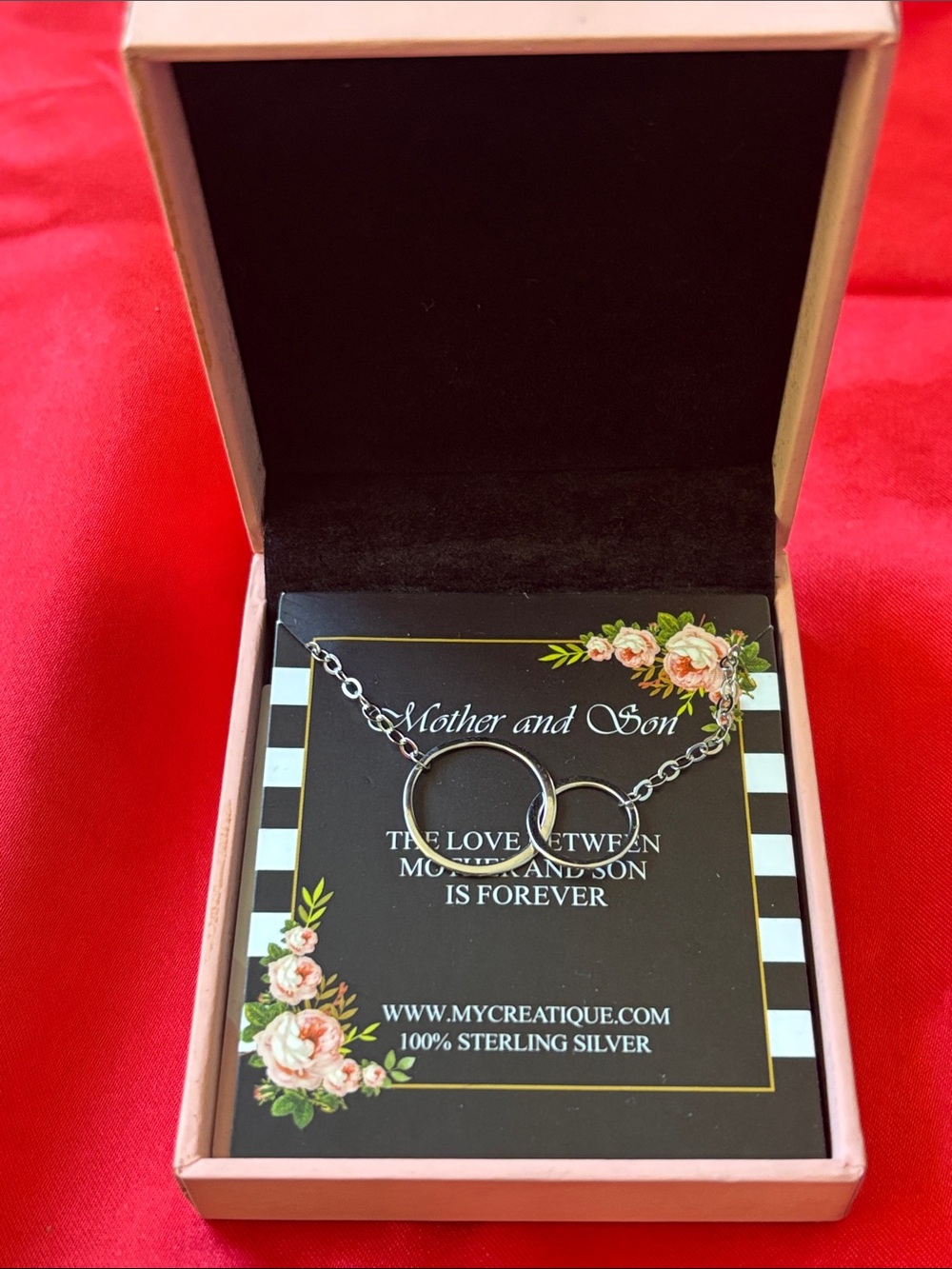 NEW .925 Sterling Silver Mother and Son Interlocking Rings Necklace NIB NWT